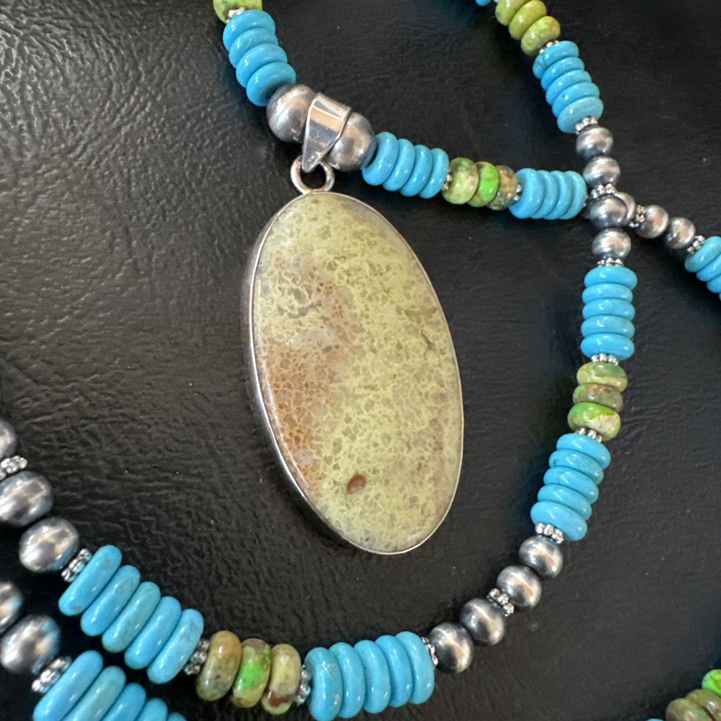 Green Gaspeite Pendant Blue Turquoise Navajo Sterling Silver Necklace 20" 19671