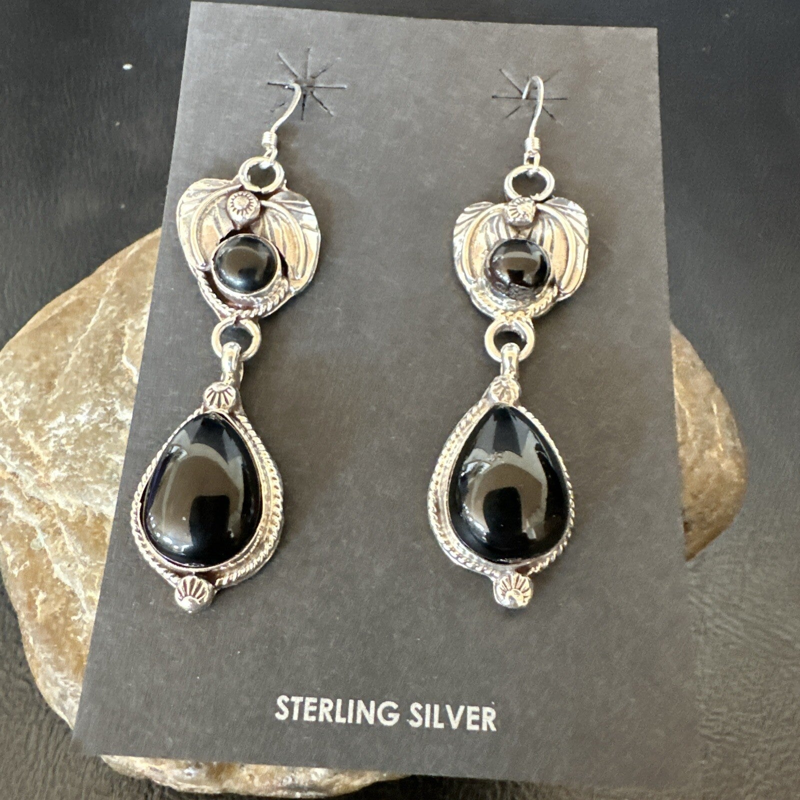 Black Onyx Navajo Sterling Silver Dangle Earrings 1.5" 18292