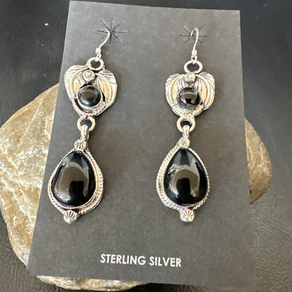 Black Onyx Navajo Sterling Silver Dangle Earrings 1.5" 18292