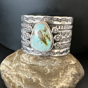 Navajo Women Green Royston Turquoise Stamped Cuff Bracelet | Sterling Silver | Authentic Native American Handmade | 17947