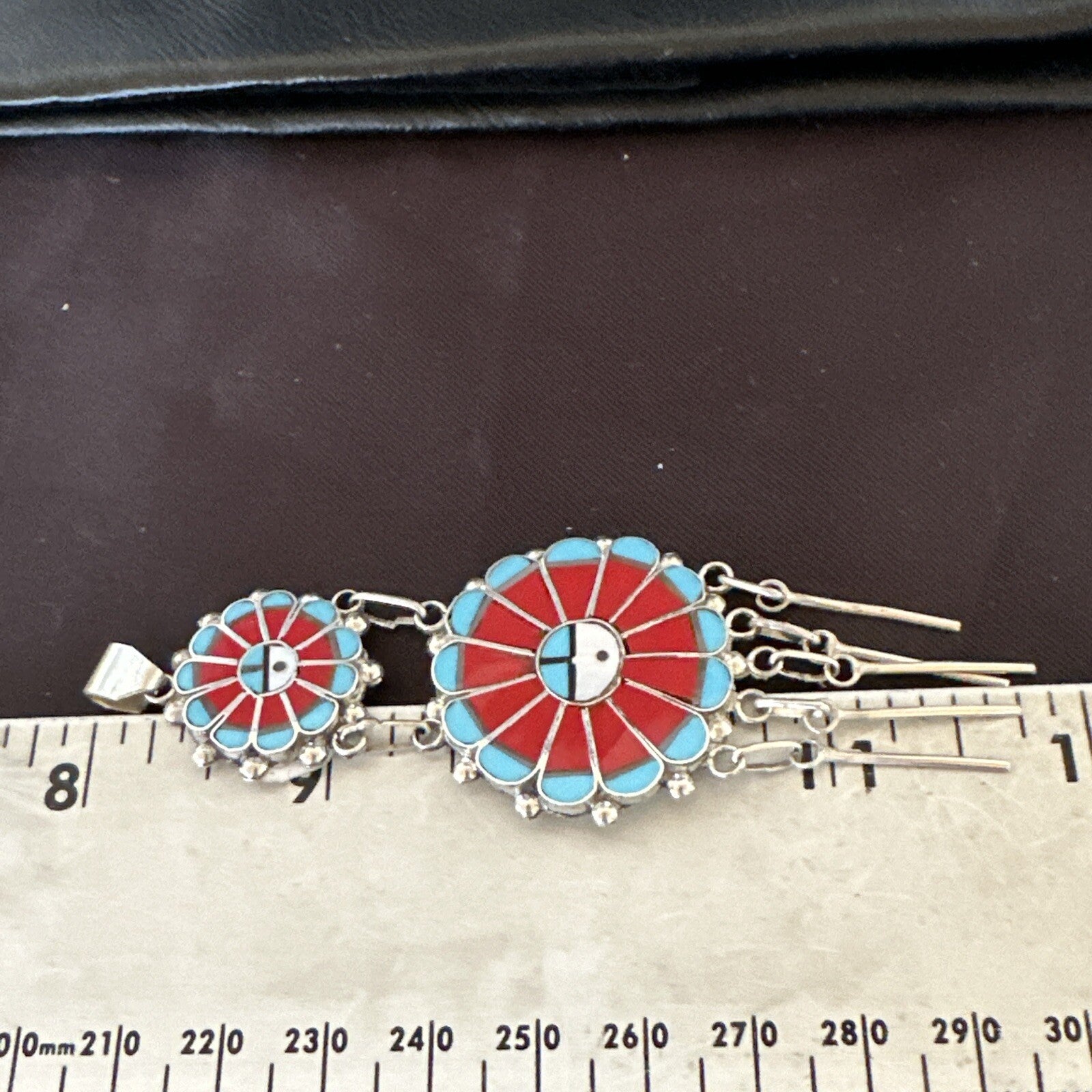 Sunface Zuni Inlay Turquoise Coral MOP Sterling Silver Pendant 3.5" 17771