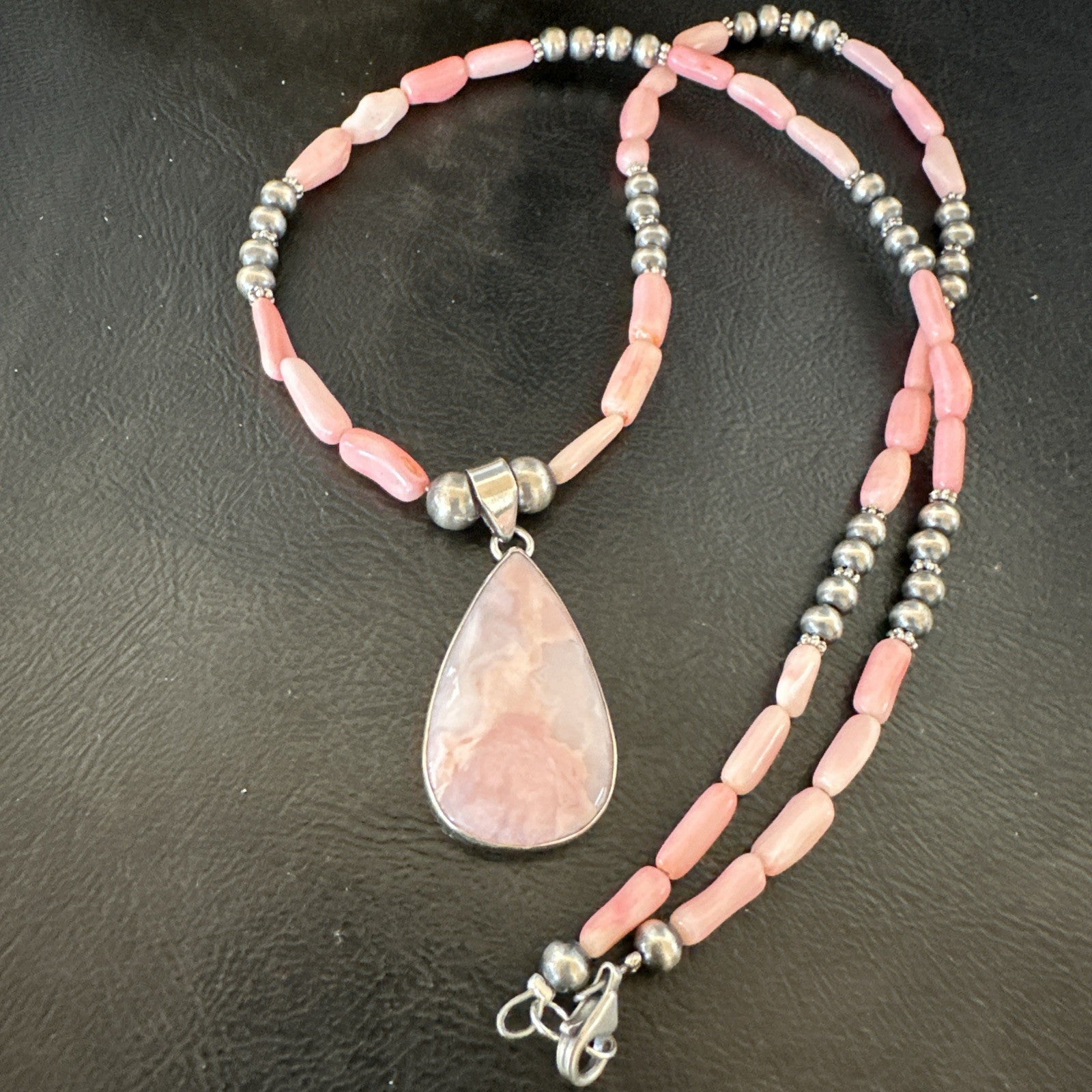 Southwestern Sterling Silver Pink Coral Bead Necklace Quartz Pendant 24" 19587