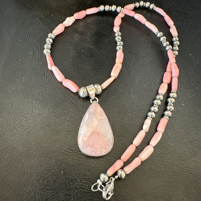 Southwestern Sterling Silver Pink Coral Bead Necklace Quartz Pendant 24" 19587