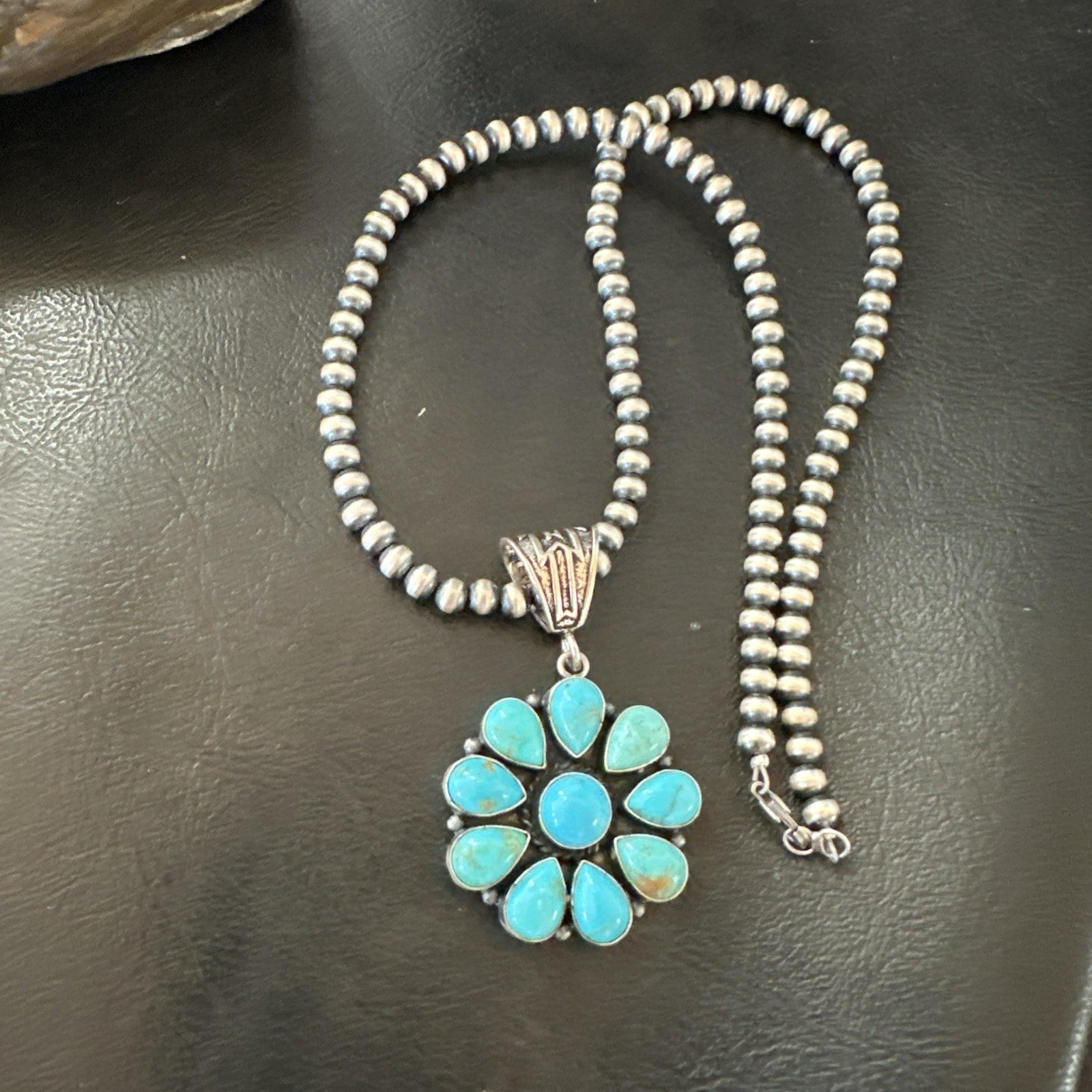 Blue Turquoise Navajo Sterling Silver Cluster Round Pendant Necklace 2”19316