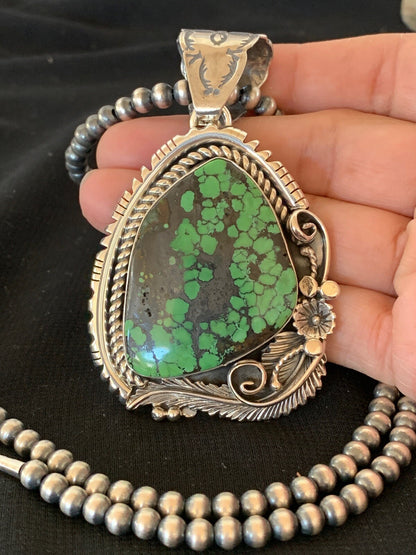 Green Spiderweb Turquoise Pendant Navajo Sterling Silver Beads Necklace 02983