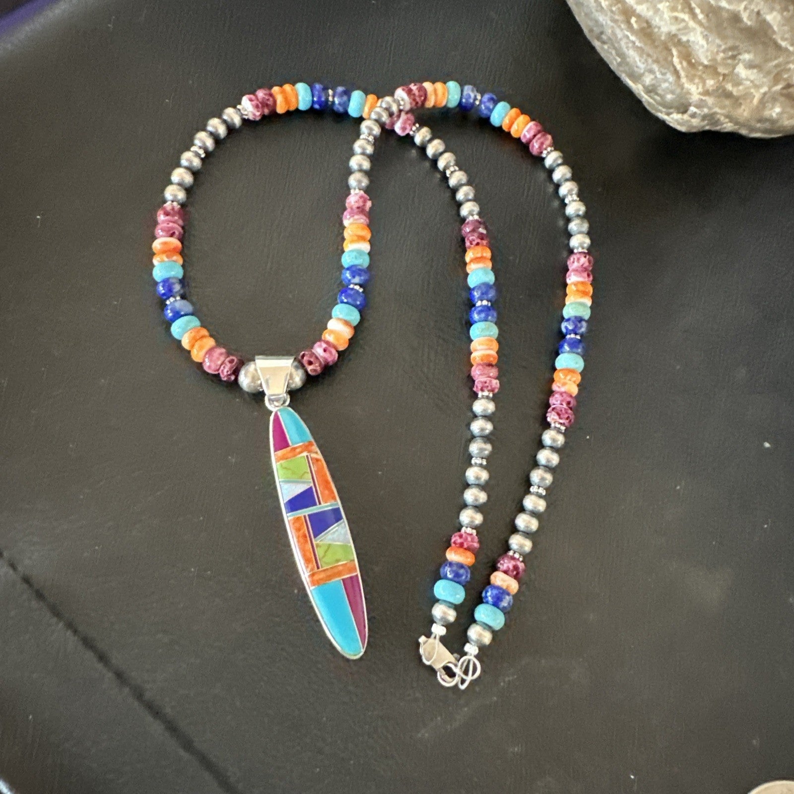 Multicolor Turquoise Spiny Navajo Sterling Silver Inlay Pendant Necklace 19643