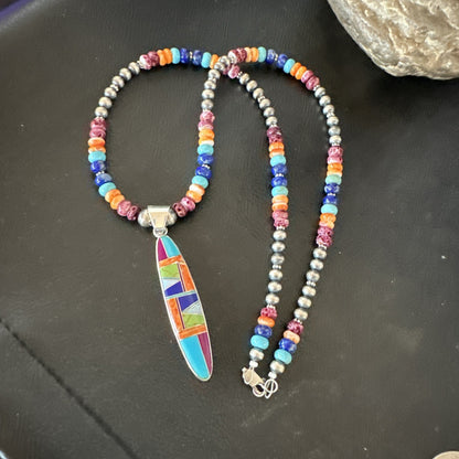 Multicolor Turquoise Spiny Navajo Sterling Silver Inlay Pendant Necklace 19643