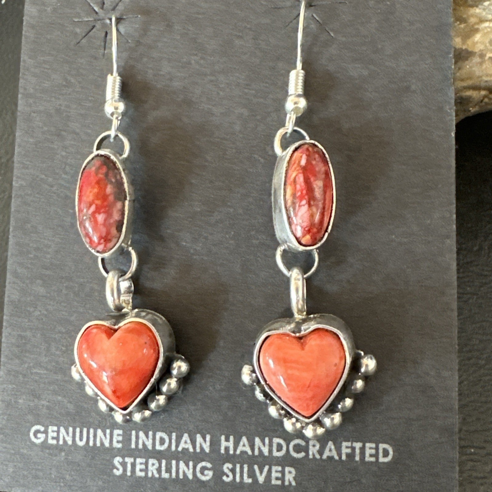 Yazzie Red Heart Spiny Oyster Navajo Sterling Silver Dangle Earrings 19797