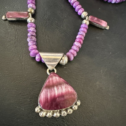 Purple Stone Spiny Oyster Sterling Silver Necklace Earrings 20” 19088 J B