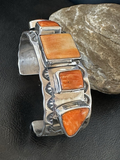 Orange Spiny Oyster 5 Stone Row Sterling Silver Navajo Cuff Bracelet 7.7" 19477