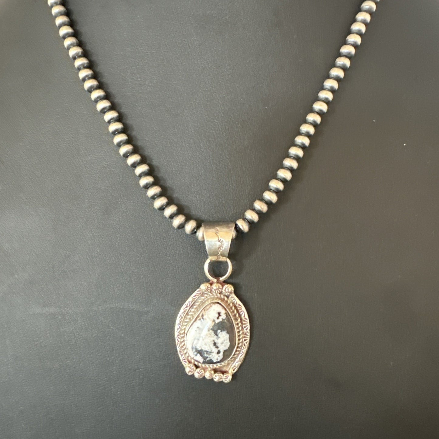 White Buffalo Turquoise Pendant Navajo Pearls Sterling Silver Necklace 20” 19495