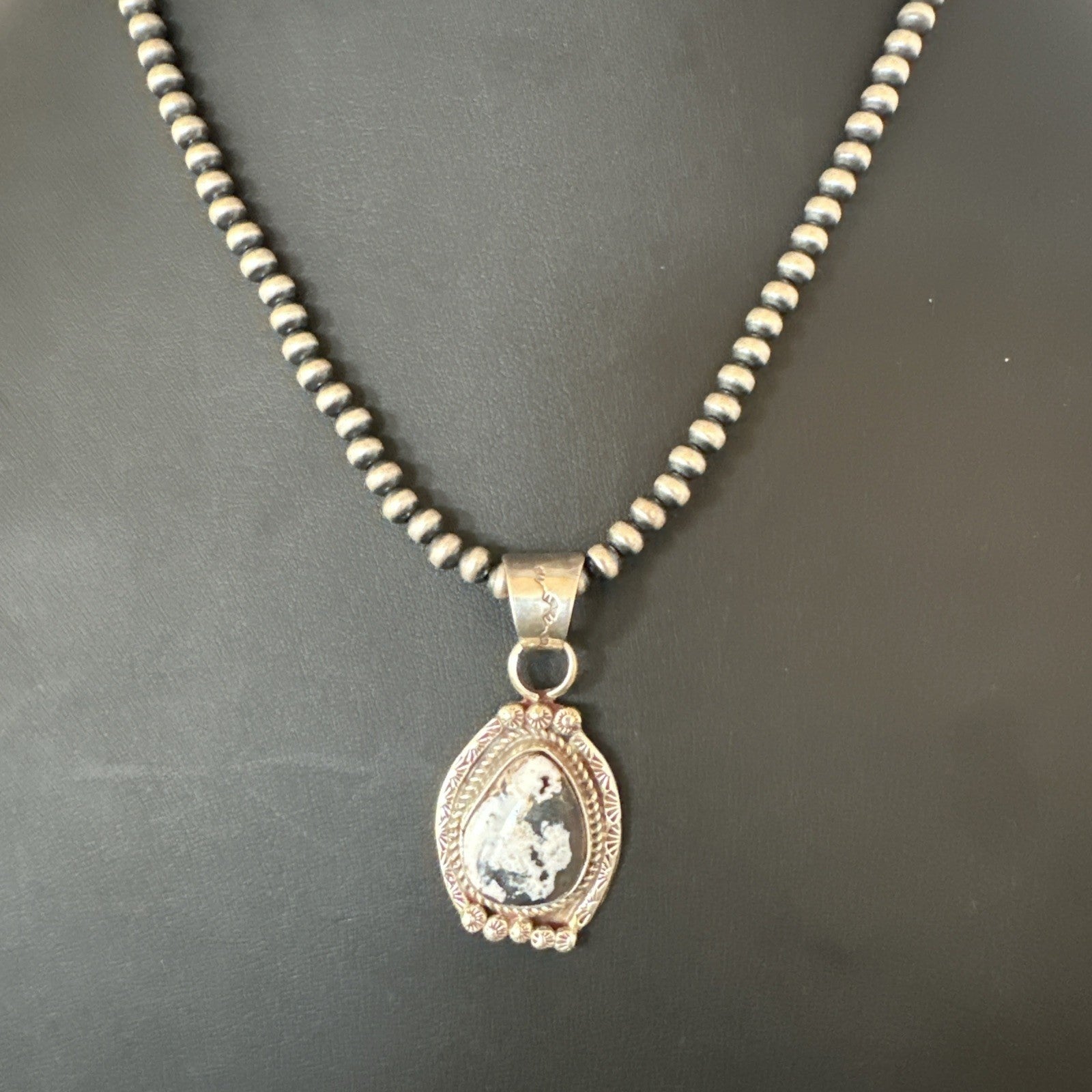 White Buffalo Turquoise Pendant Navajo Pearls Sterling Silver Necklace 20” 19495