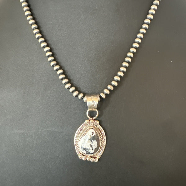 White Buffalo Turquoise Pendant Navajo Pearls Necklace 20" | Sterling Silver | Authentic Native American Handmade | 19495