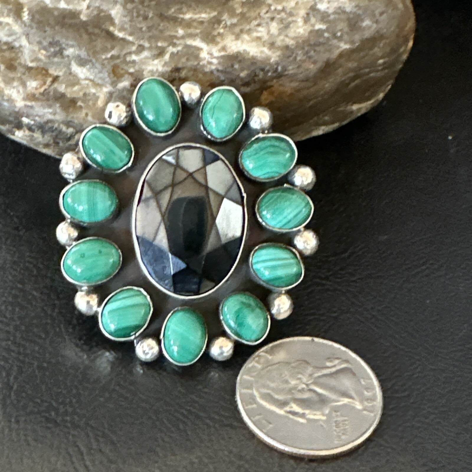 Green Malachite Quartz Navajo Sterling Silver Cluster Ring Size 10.5 18399