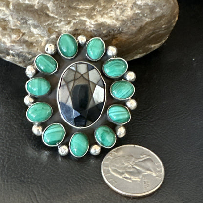 Green Malachite Quartz Navajo Sterling Silver Cluster Ring Size 10.5 18399