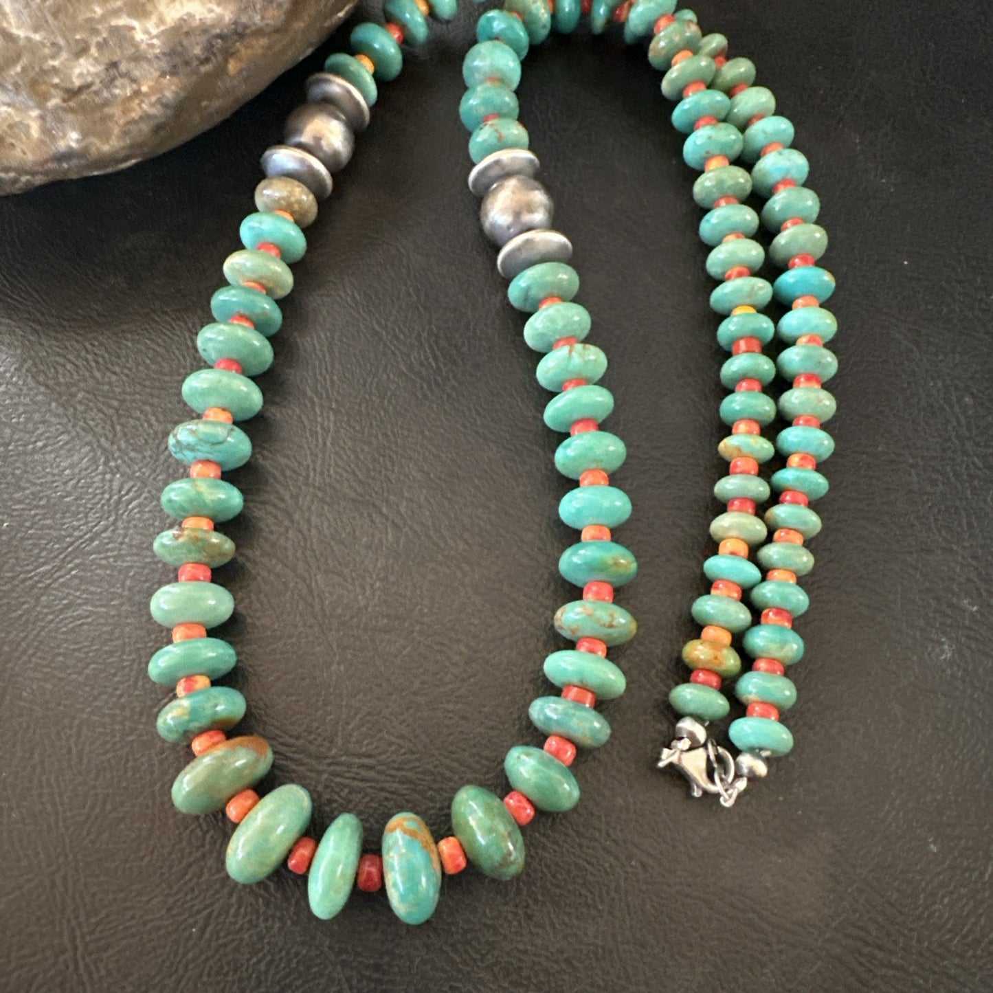 Green Turquoise Spiny Navajo Pearls Sterling Silver Necklace 26” 19682
