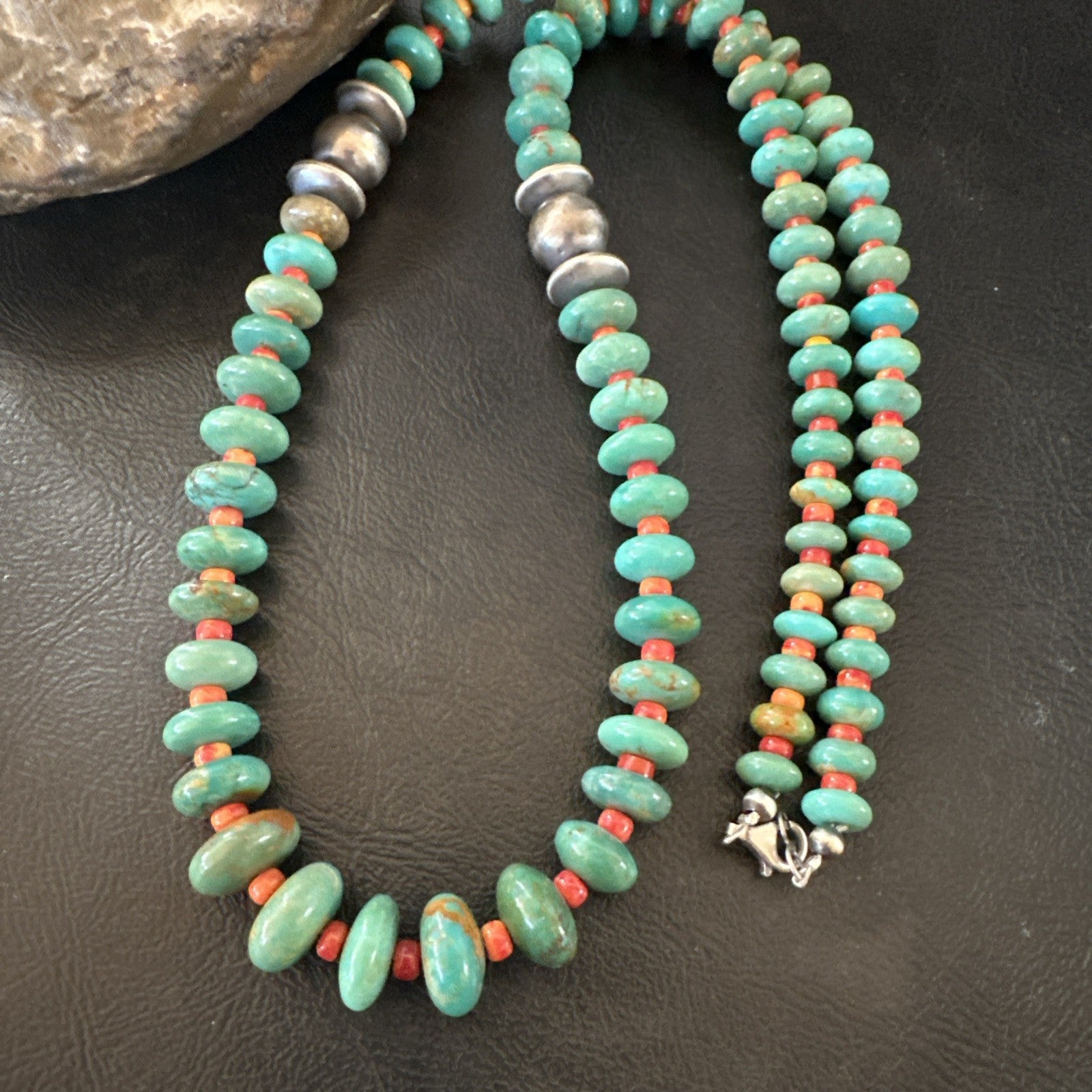 Green Turquoise Spiny Navajo Pearls Sterling Silver Necklace 26” 19682