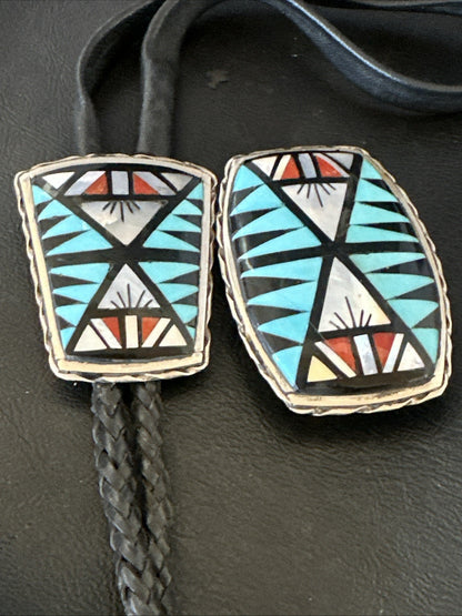 Zuni  Mens BoloTie Belt Buckle Ranger Set Turquoise Coral Sterling Silver 19155