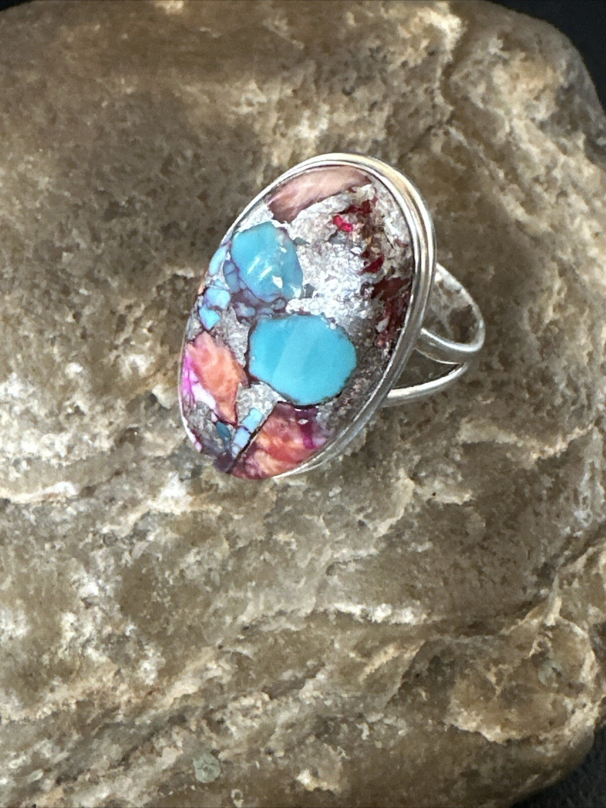 Blue Turquoise Purple Spiny Oyster Navajo Sterling Silver Ring Size 10 18206
