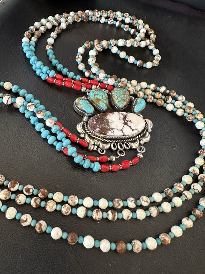XL Statement Wild Horse Turquoise#8 Navajo 3S Sterling Silver Necklace 34” 19674