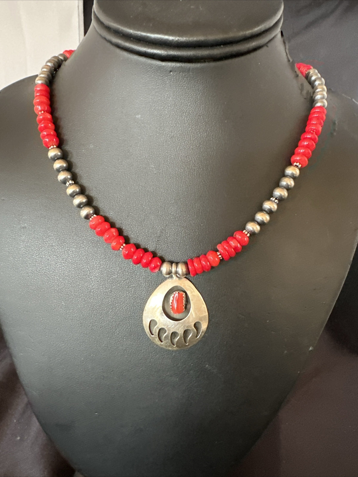Red Coral BearPaw Inlay Pendant Navajo Pearls Sterling Silver Necklace 21" 18058
