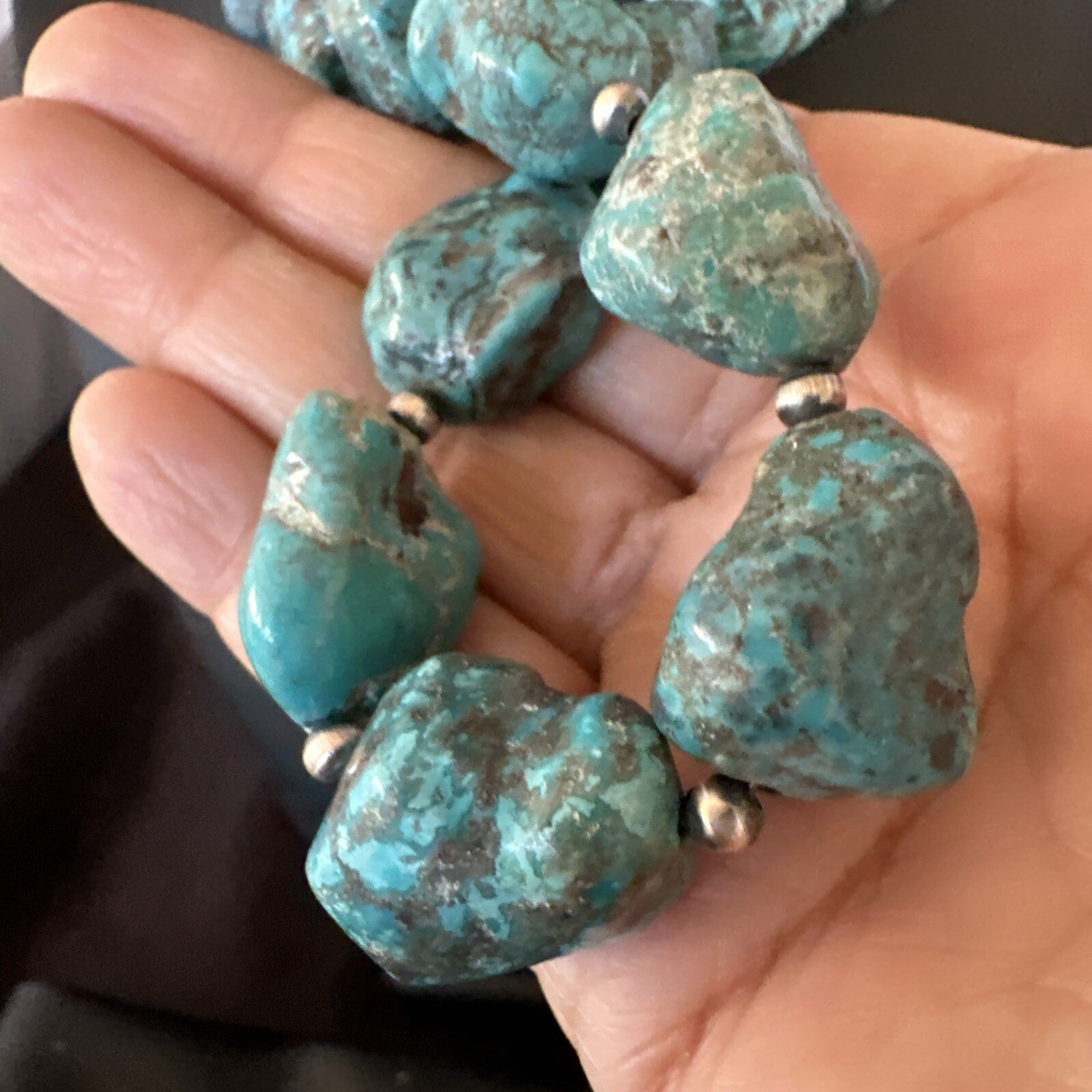 Mens Womens Chunky Blue Nugget Turquoise Navajo Sterling Silver Necklace 18673