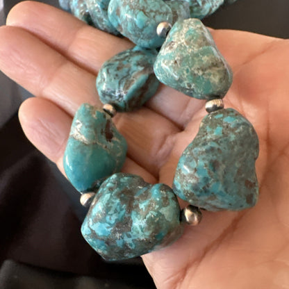 Mens Womens Chunky Blue Nugget Turquoise Navajo Sterling Silver Necklace 18673