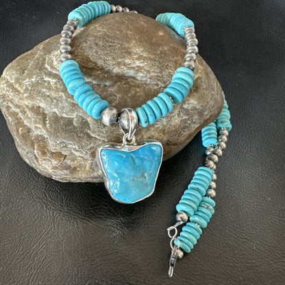 Blue Kingman Turquoise 2 Sided Pendant Navajo Sterling Native Necklace 20" 19517