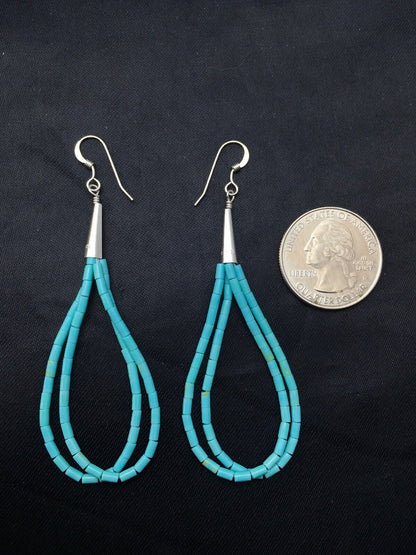 Native Blue Turquoise Liquid Sterling Silver Heishi Dangle 2.5" Earrings 04372