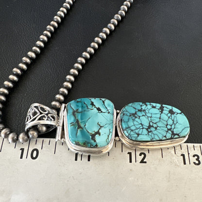 Blue Spiderweb Turquoise Pendant Navajo Pearls Sterling Silver Necklace 16008