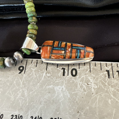 Green Turquoise Orange Spiny Pendant Sterling Silver Necklace 21” 19228
