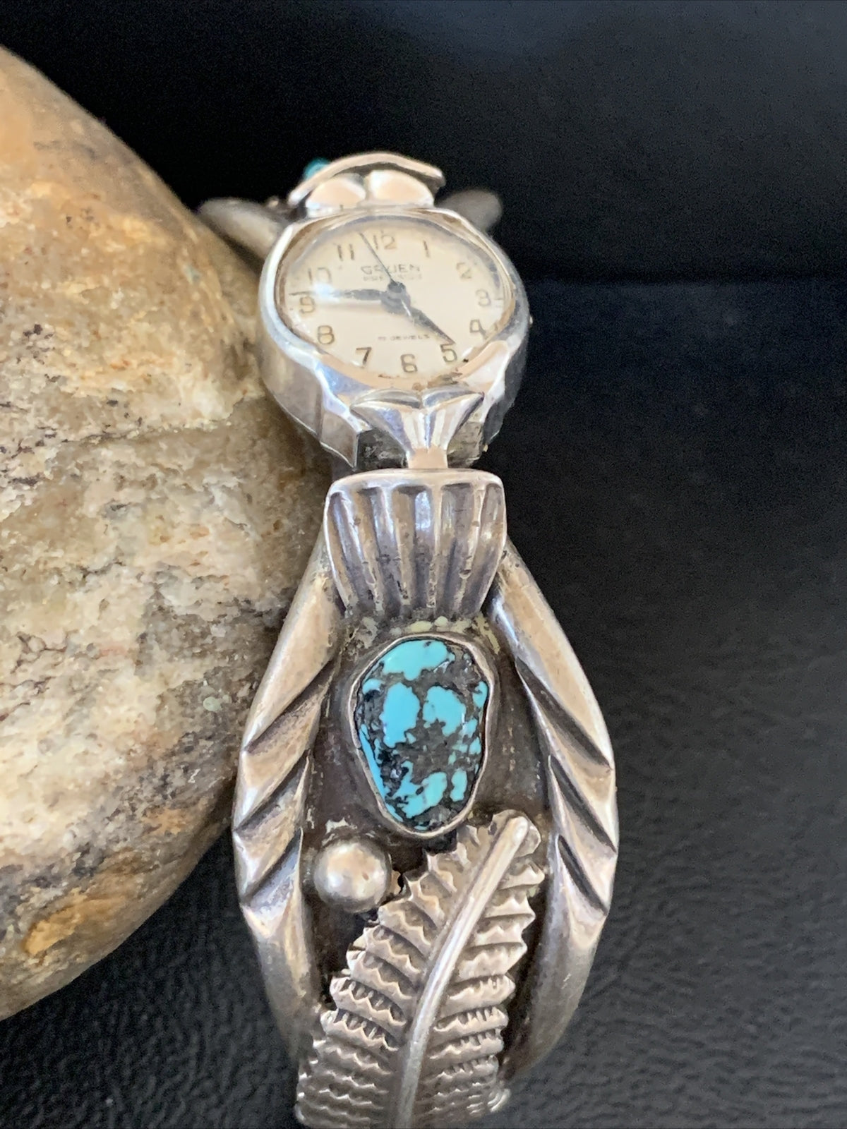 Blue Kingman Turquoise Inlay Navajo Sterling Silver Old Pawn Watch Tips 01442