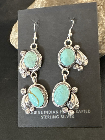 Native Navajo Blue Dry Creek Turquoise Sterling Silver Dangle Earrings 2” 17920