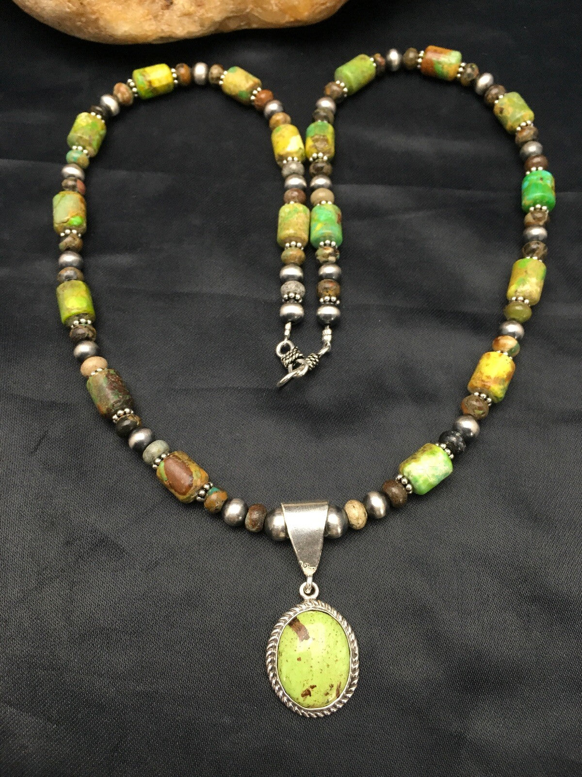 Green Gaspeite Pendant Turquoise Navajo Sterling Silver Necklace 22" 2818