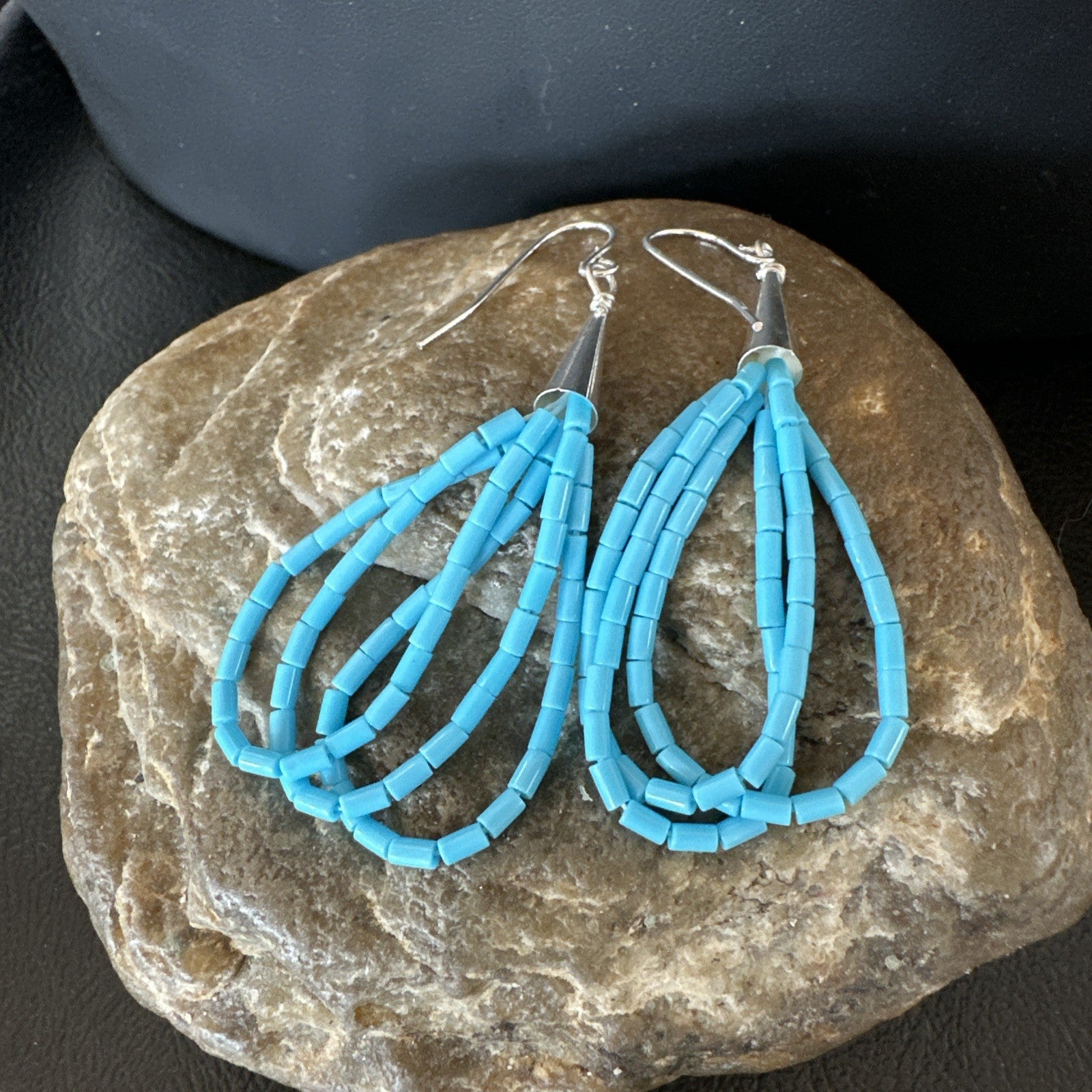 Blue Turquoise 3 Strand Sterling Silver Heishi Dangle 2” Earrings 18196