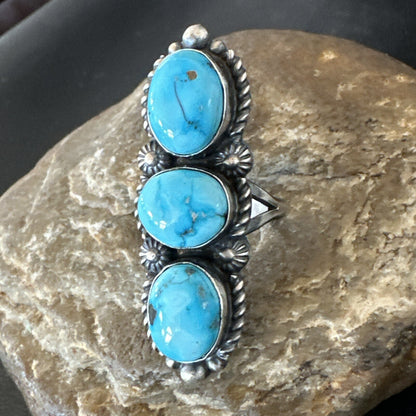 Navajo Sterling Silver Cluster Blue Turquoise 3 Stone Ring Sz 8 18597