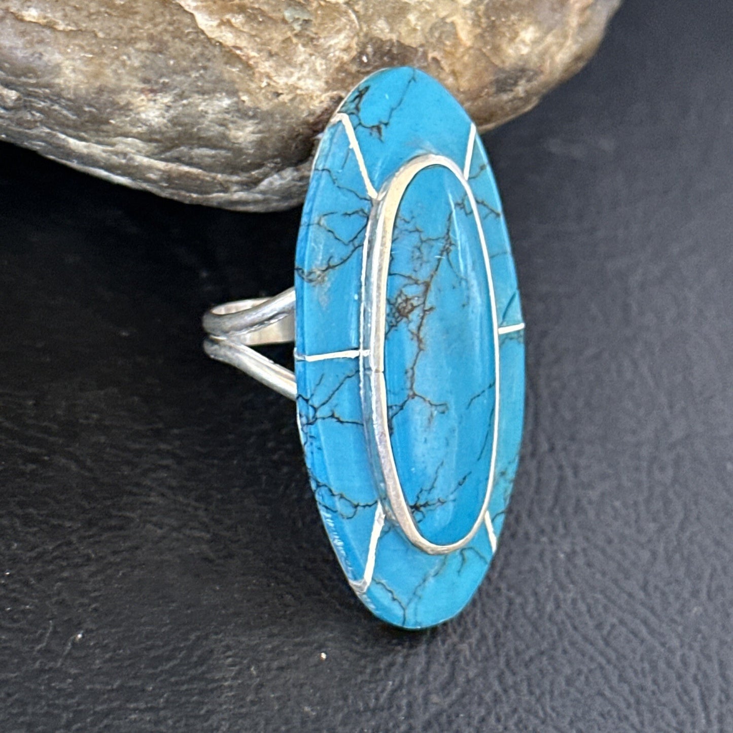Native American Indian Navajo Blue Turquoise Inlay Band Ring Sz 6 18761