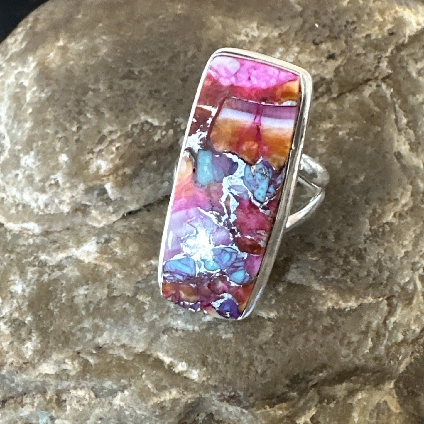 Blue Turquoise Spiny Oyster Navajo Sterling Silver Ring Size 5 18247