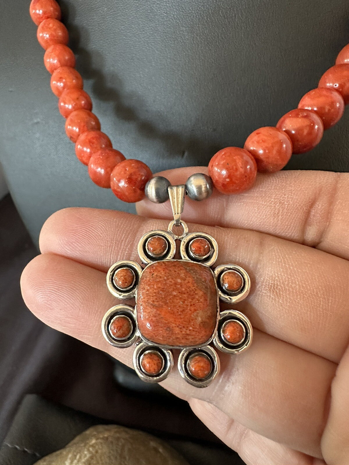 Navajo Apple Sponge Coral Sterling Silver Necklace Pendant 18327