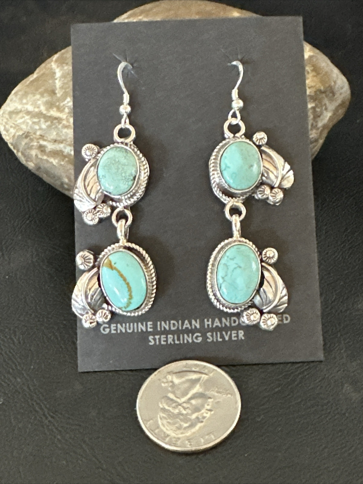 Native Navajo Blue Dry Creek Turquoise Sterling Silver Dangle Earrings 2” 17920