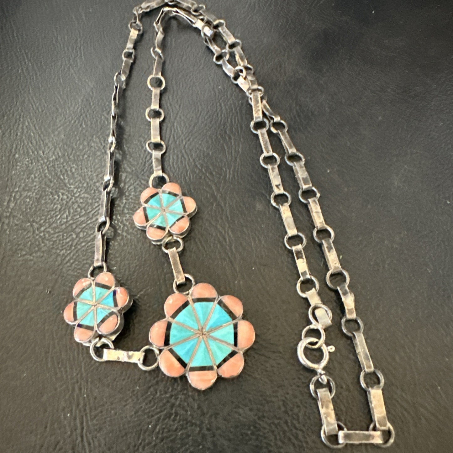 Pink Coral Turquoise Pendant Zuni Sterling Silver Old Pawn Necklace 22" 19143