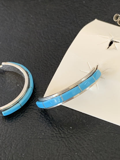 Sleeping Beauty Turquoise Zuni Sterling Silver Inlay Earrings 1610