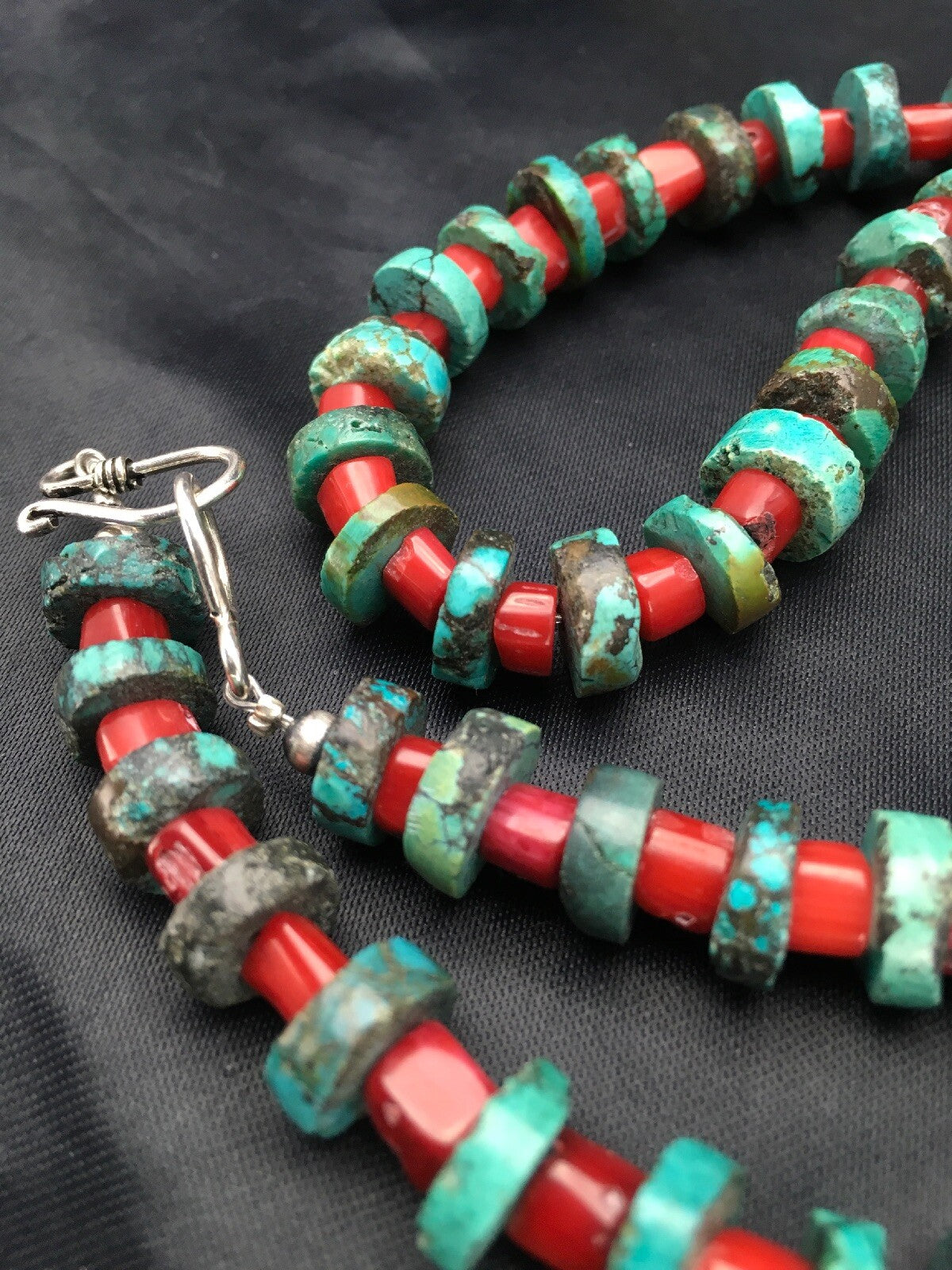 Turquoise Heishi 10 mm Bamboo Coral Sterling Silver Necklace