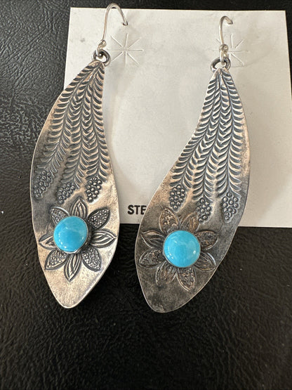 Womens Stamped Blue Turquoise Dangle Earrings Feather Sterling Silver 19785