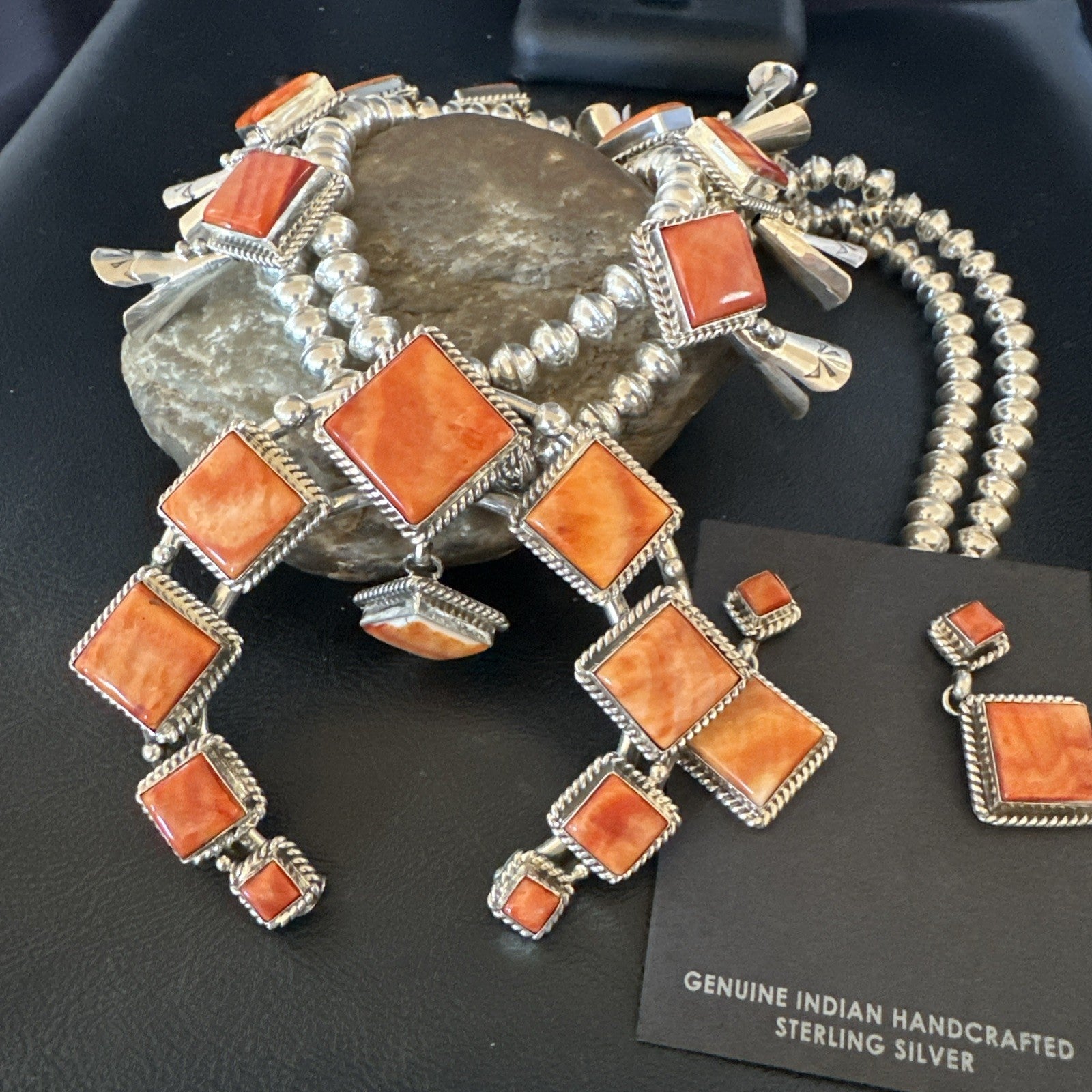 Orange Spiny Oyster Sterling Silver Squash Blossom Necklace 26" Earrings 19074
