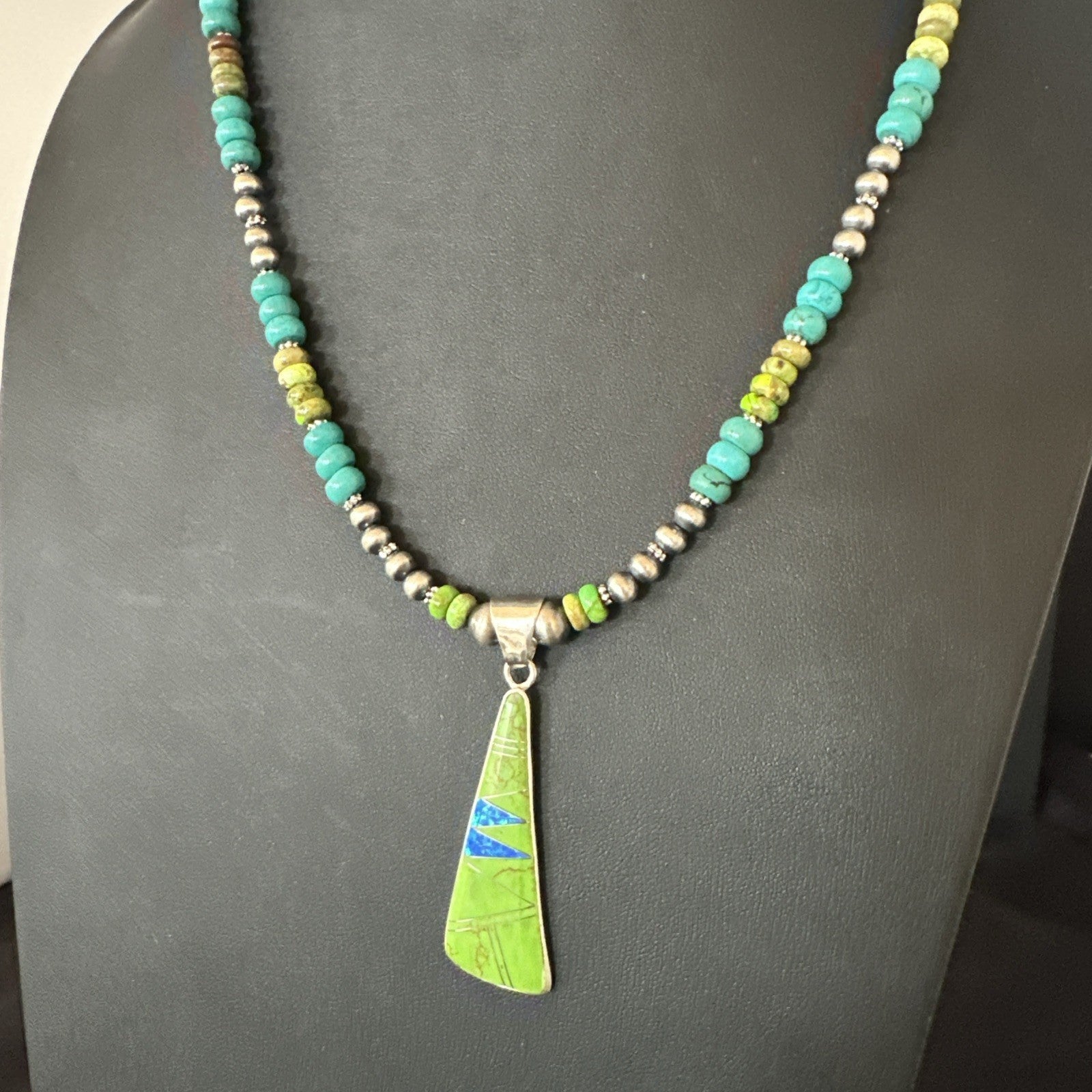Blue Green Turquoise  Gaspeite Pendant Navajo Sterling Silver Necklace 19665