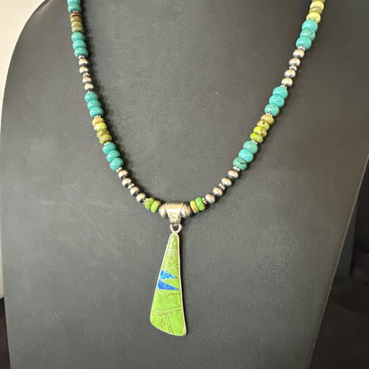 Blue Green Turquoise  Gaspeite Pendant Navajo Sterling Silver Necklace 19665