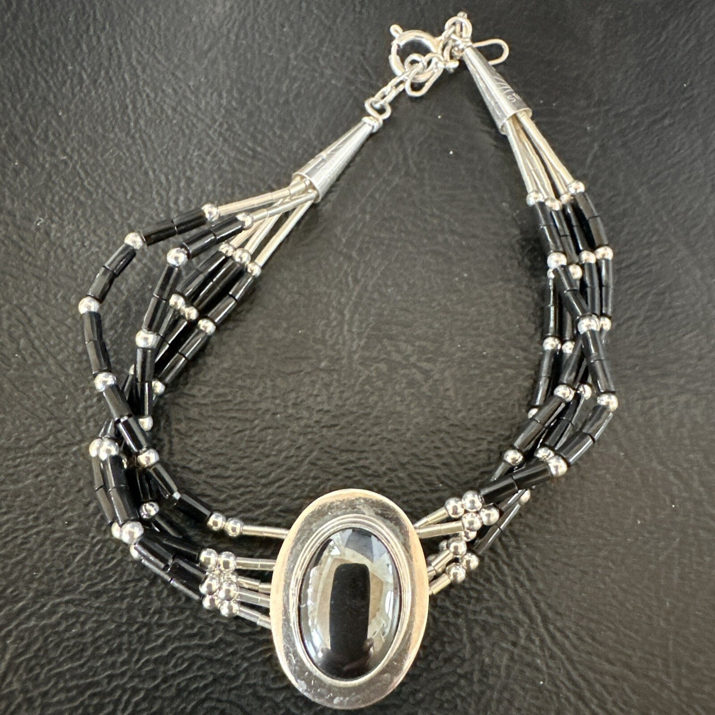 Black Onyx Heishi 5S Pend Southwestern Liquid Sterling Silver Bracelet 8” 17751