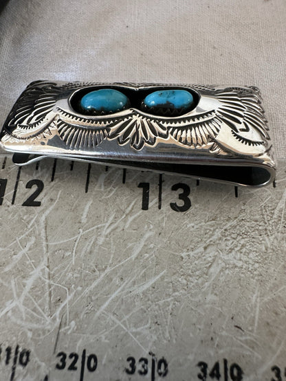 Mens Blue Turquoise Navajo Stainless Stamped Silver Money Clip 19366