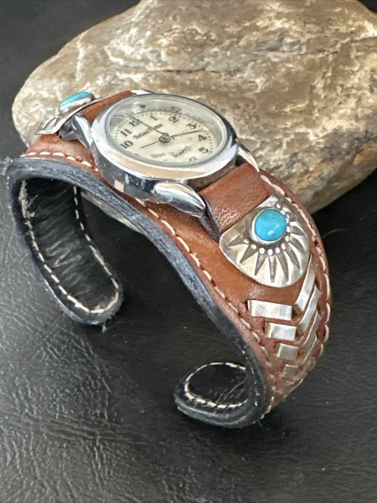 Womens Blue Turquoise Navajo Sterling Silver Cuff Watch Leather Bracelet 17736
